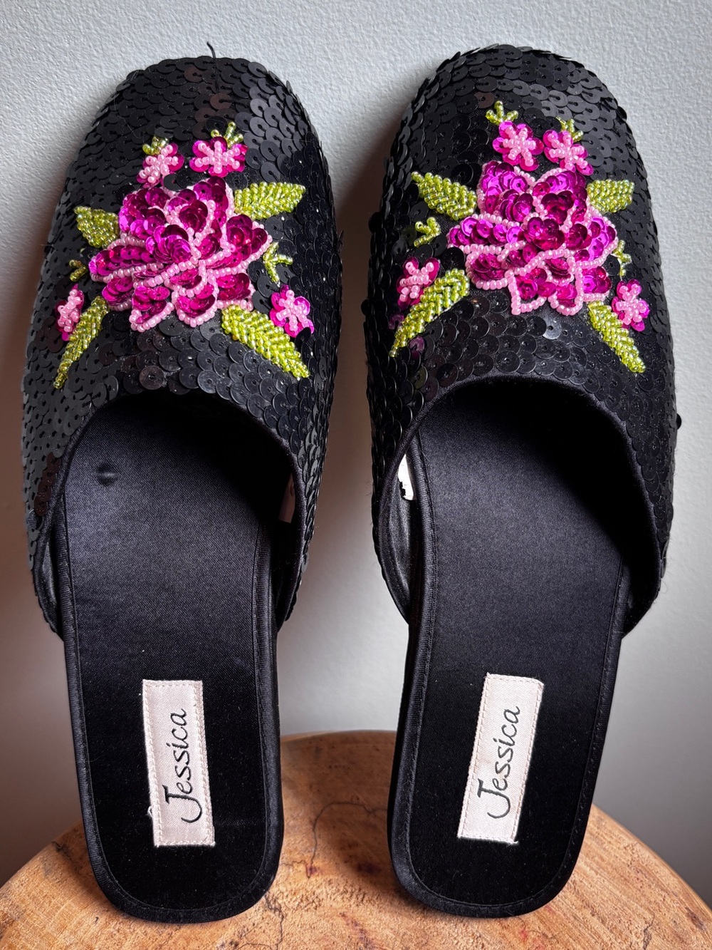 Jessica Y2K Vintage Black Sequin Floral Mules – Beaded Slip-on Flats